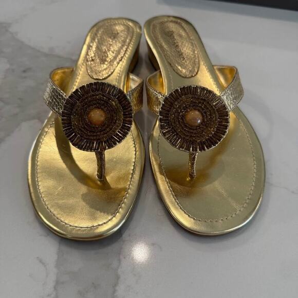 Enzo Angiolini Eanetta Sandals Women's 8 Stacked Wedge Heel Jeweled Beaded Gold - Picture 3 of 10